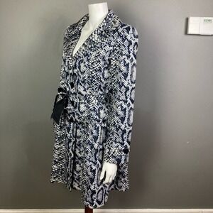 Nanette Lepore trench‎ jacket size 8 snake print peplum belted ruffle black blue